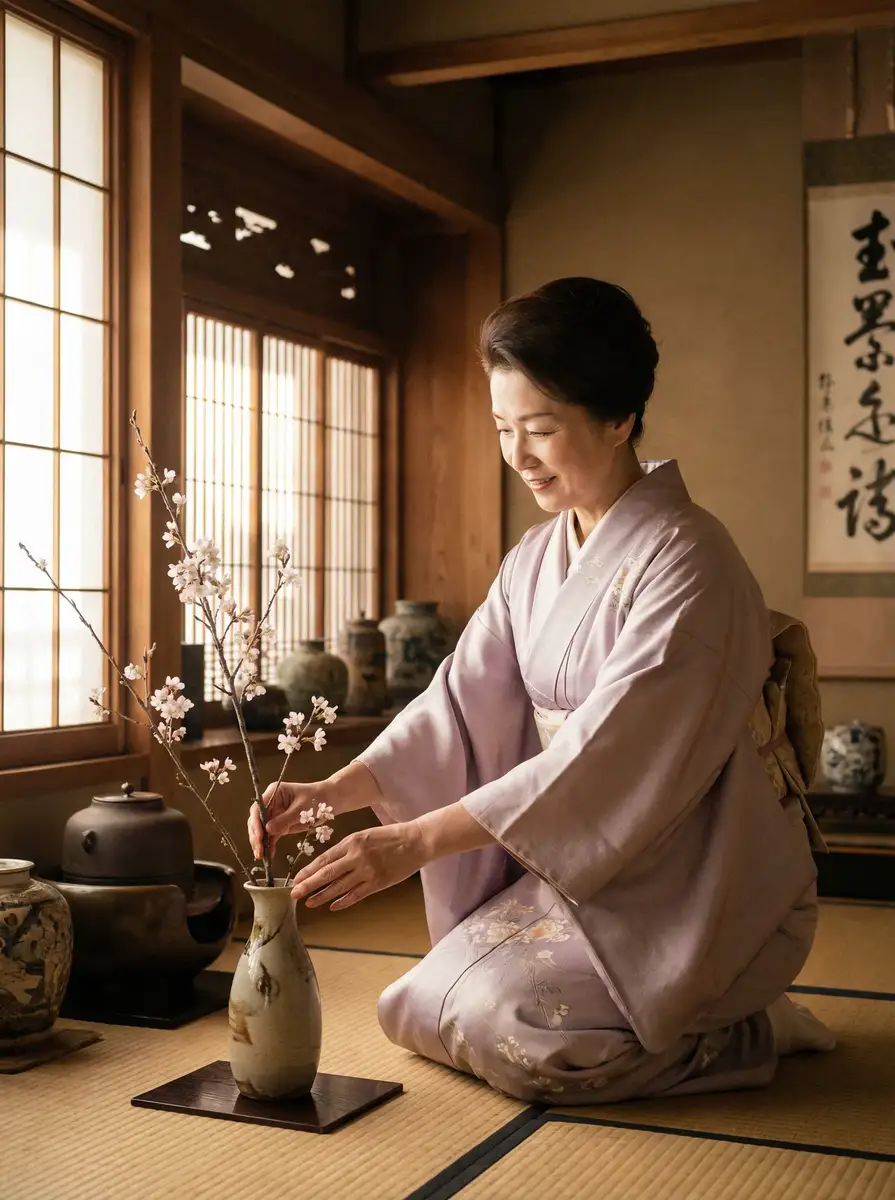 一位优雅的 大牌生日会刘诗诗 在和室中插花